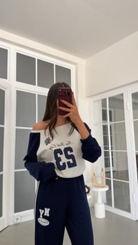 Lacivert Kayık Yaka Bluz Beli Lastikli Pantolon İkili Baskı Detaylı Takım GAUS-02234GAUSTAKIMGAUS-02234