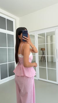 Pembe Ayarlanabilir Askılı Pedli Crop Beli Lastikli Pantolon Çizgili Takım GAUS-01654GAUSTAKIMGAUS-01654