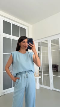 Mavi Vatkalı Bluz Beli Lastikli Pantolon İkili Tencel Denim Takım GAUS-01730GAUSTAKIMGAUS-01730