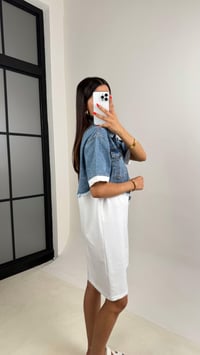 Beyaz-Mavi Önü Düğmeli Denim Üst Bloklu Elbise GAUS-0038GAUSELBİSEGAUS-0038