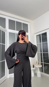 Füme Geniş Kol Bluz Beli Lastikli Pantolon İkili Kaşmir Dokulu Selanik Kumaş Takım GAUS-02293GAUSTAKIMGAUS-02293