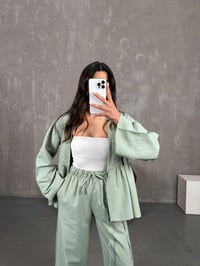 Haki Önü Bağlamalı Gömlek Beli Lastikli Pantolon İkili Keten Takım Gaus00262GausTAKIMGU1001603