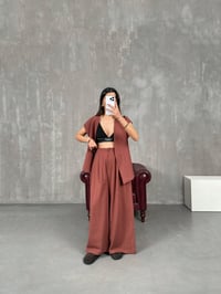 Kely Kiremit Astarlı Kuşaklı Yelek Pantolon Keten Takım GausTAKIMGU100776