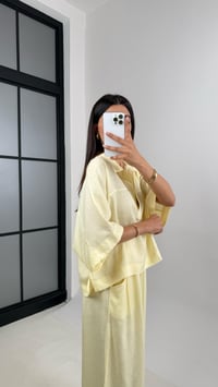 Sarı Polo Yaka Yarasa Kol Bluz Şalvar Pantolon Md Muadil Premium Keten Takım Gaus00542GausTAKIMGU1002265