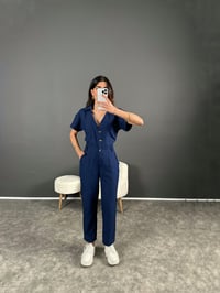 Holi Lacivert Arkası Lastikli Premium Keten TulumGausTULUMGU004563