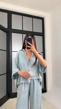 Açık Mavi Yarasa Kol Gömlek Beli Lastikli Pantolon Tencel Denim Takım GAUS-01539GAUSSuitsGAUS-01539