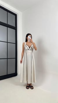 Taş Siyah Şerit Detaylı Tasarım Keten Elbise Gaus00370GausELBİSEGU1001862