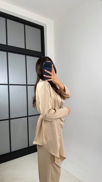 Bej Şal Detaylı Bluz Beli Lastikli Şalvar İkili Saten Takım GAUS-00606GAUSTAKIMGAUS-00606