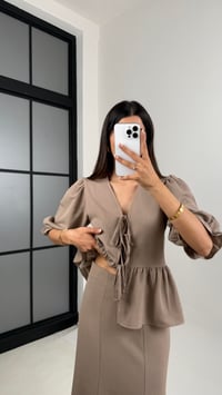 Vizon Önden Bağlama Detaylı Balon Kol Bluz Etek İkili Pinterest Keten Takım Gaus00570 GausTAKIMGU1002331