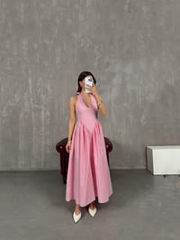 Pembe Boyundan Bağlamalı Yarım Astarlı Pötikare Elbise Gaus00235GausELBİSEGU1001542