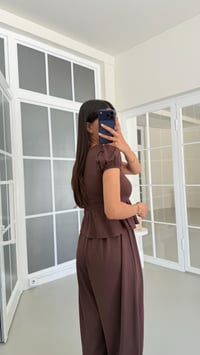 Kahve Gold Düğme Detaylı Peplum Bluz Beli Lastikli Şalvar Pantolon İkili Modal Takım GAUS-01673GAUSSuitsGAUS-01673