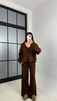 Kahve Kapüşonlu Hırka Beli Lastikli Pantolon İkili Triko Takım GAUS-00564GAUSTAKIMGAUS-00564