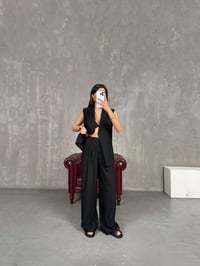 Siyah Astarlı Vatkalı Yelekli Beli Lastikli Pantolon İkili Tensel Takım Gaus00233GausTAKIMGU1001536