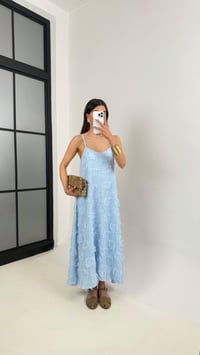 Mavi Püskül Detaylı Askılı Keten Elbise Gaus00392GausELBİSEGU1001919