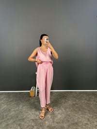 Viro Şeker Pembe İthal Kumaş Harem Pantolon Bluz İkili TakımGausTAKIMGU008266