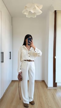 Bej Beli Lastikli Tencel Denim Tulum GAUS-01394GAUSTULUMGAUS-01394
