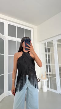 Siyah Boyundan Bağlamalı Püsküllü Saten Bluz GAUS-01818GAUSBlouseGAUS-01818