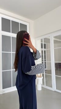 Lacivert Kolu Şeritli Tshirt Beli Lastikli Pantolon İkili Modal Takım GAUS-02227GAUSTAKIMGAUS-02227