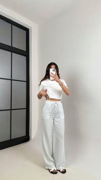 Mavi Beyaz Şeritli Beli Lastikli Keten Pantolon Gaus00479GausEŞOFMANGU1002117