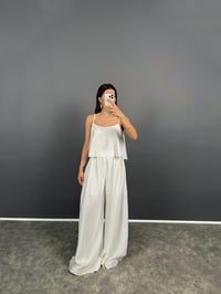Blon Beyaz İp Askılı  Crop Bluz Bol Paça Pantolon Zr Model İkili TakımGausTAKIMGU008594