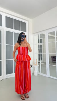 Pembe Çizgili Balon Bluz Beli Lastikli Şalvar Pantolon İkili Premium Takım GAUS-01817GAUSTAKIMGAUS-01817