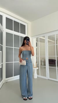 Mavi Bustiyer Palazzo Pantolon Çizgili Denim Takım GAUS-01686GAUSSuitsGAUS-01686