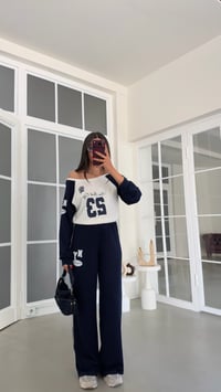 Lacivert Kayık Yaka Bluz Beli Lastikli Pantolon İkili Baskı Detaylı Takım GAUS-02234GAUSTAKIMGAUS-02234