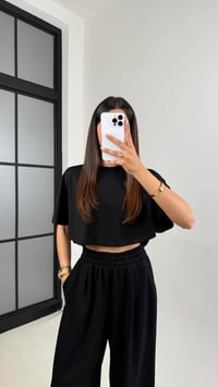 Siyah Crop Beli Lastikli Palazzo Eşofman İkili Modal Kumaş Takım GAUS-01219GAUSTAKIMGAUS-01219