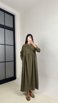 Haki Altı Balon Uzun Kol Cep Detaylı Tencel Pinterest Elbise GAUS-0025GAUSELBİSEGAUS-0025
