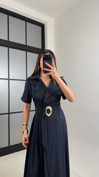 Lacivert Gold Toka Kuşaklı Krep Kumaş Uzun Elbise GAUS-00974GAUSDressesGAUS-00974