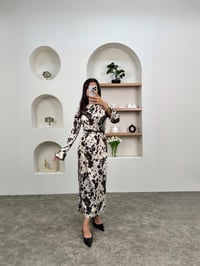 Jolie Ekru Kahve Desenli Bisiklet Yaka Kemerli Elbise GausELBİSEGU00903603