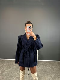 Anis Premium Lacivert Çizgili Bağlamalı Astarlı Blazer CeketGausCEKETGU004333