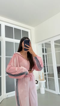 Pembe Şerit Detaylı Hırka Beli Lastikli Pantolon İkili Kadife Takım GAUS-02197GAUSSuitsGAUS-02197