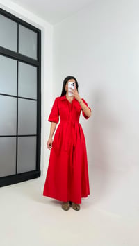 Kırmızı Önü Düğmeli Kuşaklı Poplin Elbise Gaus00369GausELBİSEGU1001860