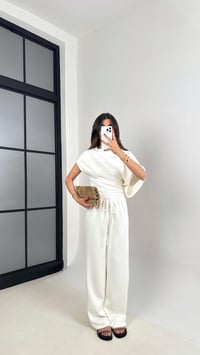 Beyaz Yarasa Kol Bluz Beli Lastikli Pantolon Tasarım Modal Kumaş Takım Gaus00490GausTAKIMGU1002148