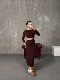 Loneva Kahve Belden Dekolteli Fitilli Yumuşak Triko ElbiseGausELBİSEGU00904393