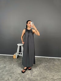 Hermia Antrasit İthal Kumaş Boyundan Bağlamalı Elbise GausELBİSEGU008301