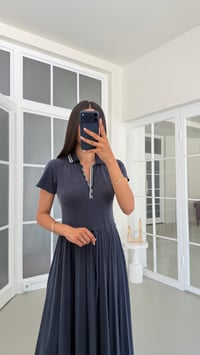 Lacivert Kısa Kol Polo Yaka Muadil Beli Lastikli Pileli Elbise GAUS-01821GAUSELBİSEGAUS-01821