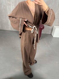 Kahve Bağlamalı Keten Kimono Takım Gaus00034GausTAKIMGU1001070