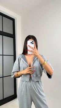 Gri Yıkama Desenli Kapüşonlu Crop Hırka Beli Lastikli Pantolon İkili Premium Takım GAUS-0063GAUSTAKIMGAUS-0063