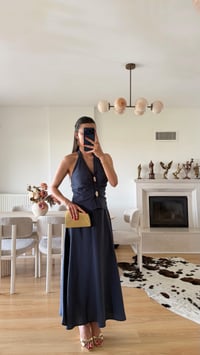 Lacivert Halter Yaka Gold Toka Detaylı Bluz Etek İkili Premium Takım GAUS-01631GAUSTAKIMGAUS-01631