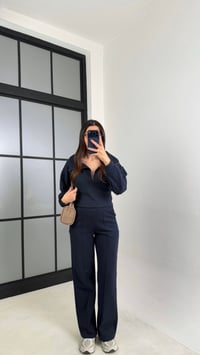 Lacivert Fermuarlı Kazak Beli Lastikli Pantolon İkili Selanik Kumaş Takım GAUS-00781GAUSSuitsGAUS-00781