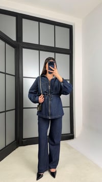 Lacivert Kuşaklı Fermuarlı Ceket Pantolon İkili Denim Takım GAUS-01197GAUSTAKIMGAUS-01197