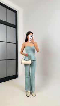 Su Yeşili Flare Jean Straplez Crop Volanlı Tasarım Takım Gaus00400GausTAKIMGU1001940