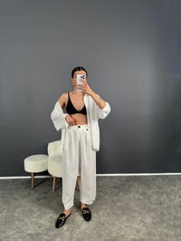 Premium Beyaz Keten Düğme Detaylı Pantolon GausPANTOLONGU007991