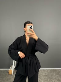 Guta Siyah Keten Karışımlı Yarım Astarlı Pantolon Kimono İkili TakımGausTAKIMGU008625