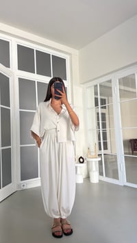 Ekru Yarasa Kol Çıtçıt Düğmeli Ceket Beli Lastikli Şalvar Pantolon İkili Modal Takım GAUS-01835GAUSSuitsGAUS-01835