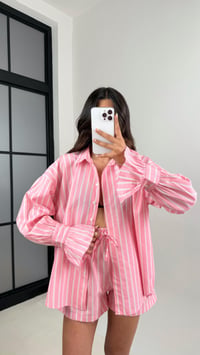 Pembe Çizgili Kol Bağlamalı Gömlek Beli Lastikli Şort İkili Takım Gaus00528GausTAKIMGU1002238