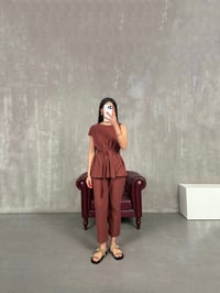 Kiremit Omuz Detaylı Kuşaklı Keten Takım Gaus00188GausTAKIMGU1001435