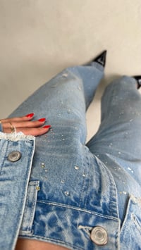 Mavi Crop Ceket Jean Taşlı ZR Model Denim Takım GAUS-00917GAUSTAKIMGAUS-00917